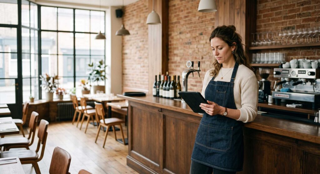 Manažer restaurace vybírá rezervační systém pro restauraci na tabletu u baru