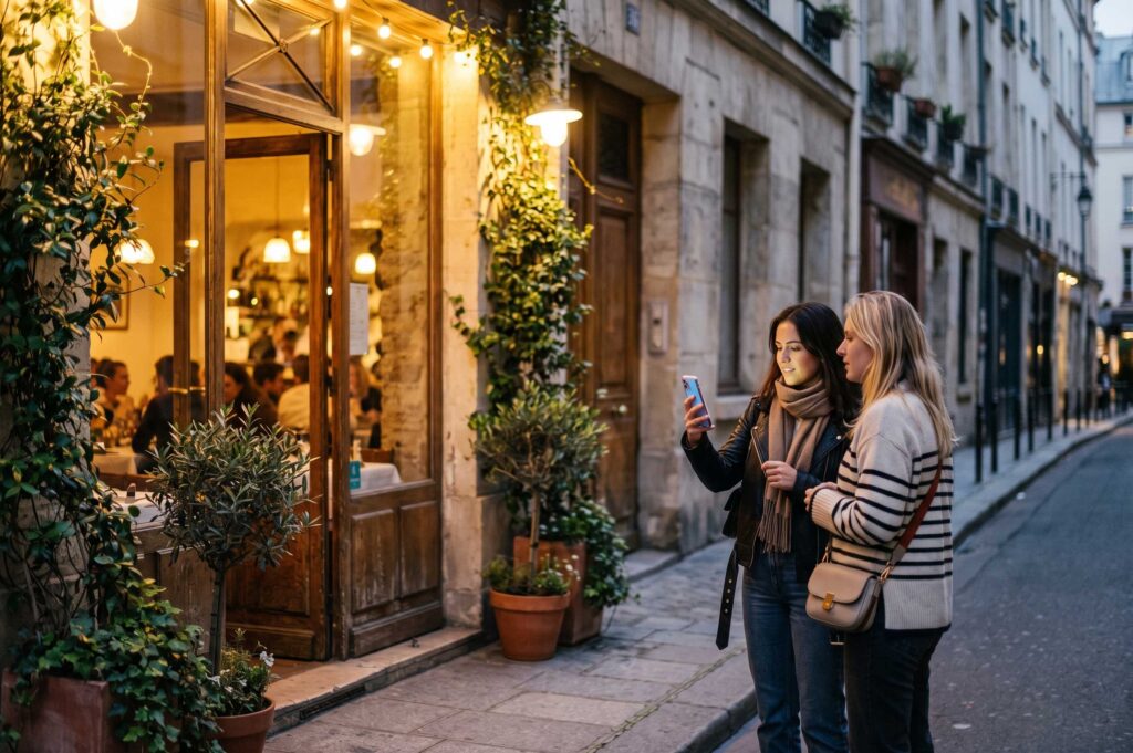 Host hledá restauraci v Mapách Google na mobilu a rezervuje stůl online