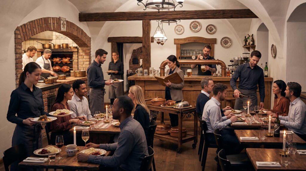 Interiér moderní restaurace během provozu s hosty u stolů a týmem číšníků a dalšího personálu, který zajišťuje obsluhu; vizuálně znázorňuje vztah mezi kapacitou restaurace a potřebným počtem zaměstnanců.